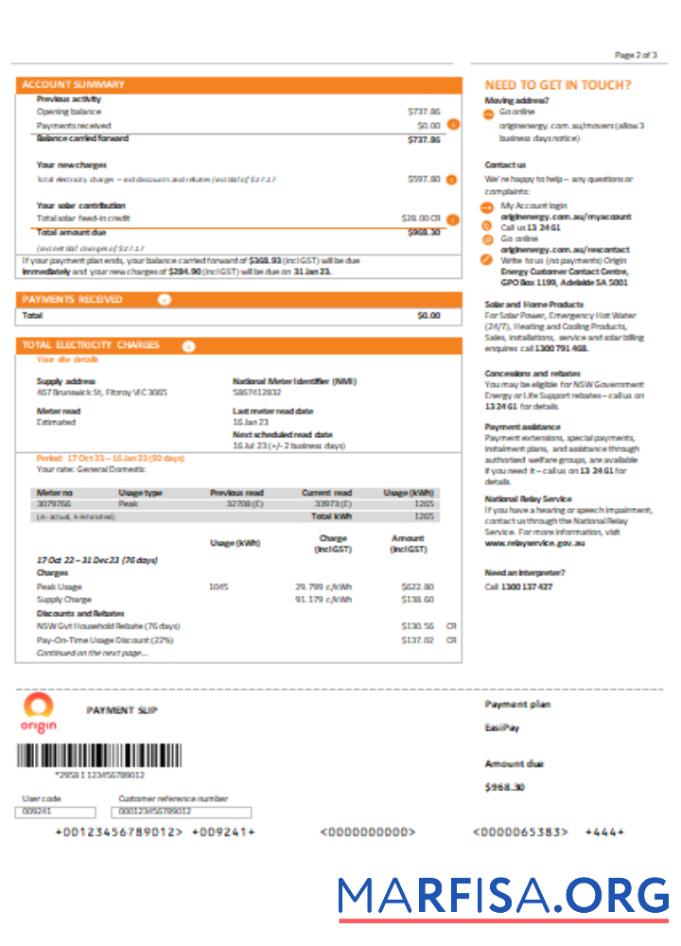 Downloadable New South Wales (NSW) Origin electricity utility business bill, SCR, page 2 real example